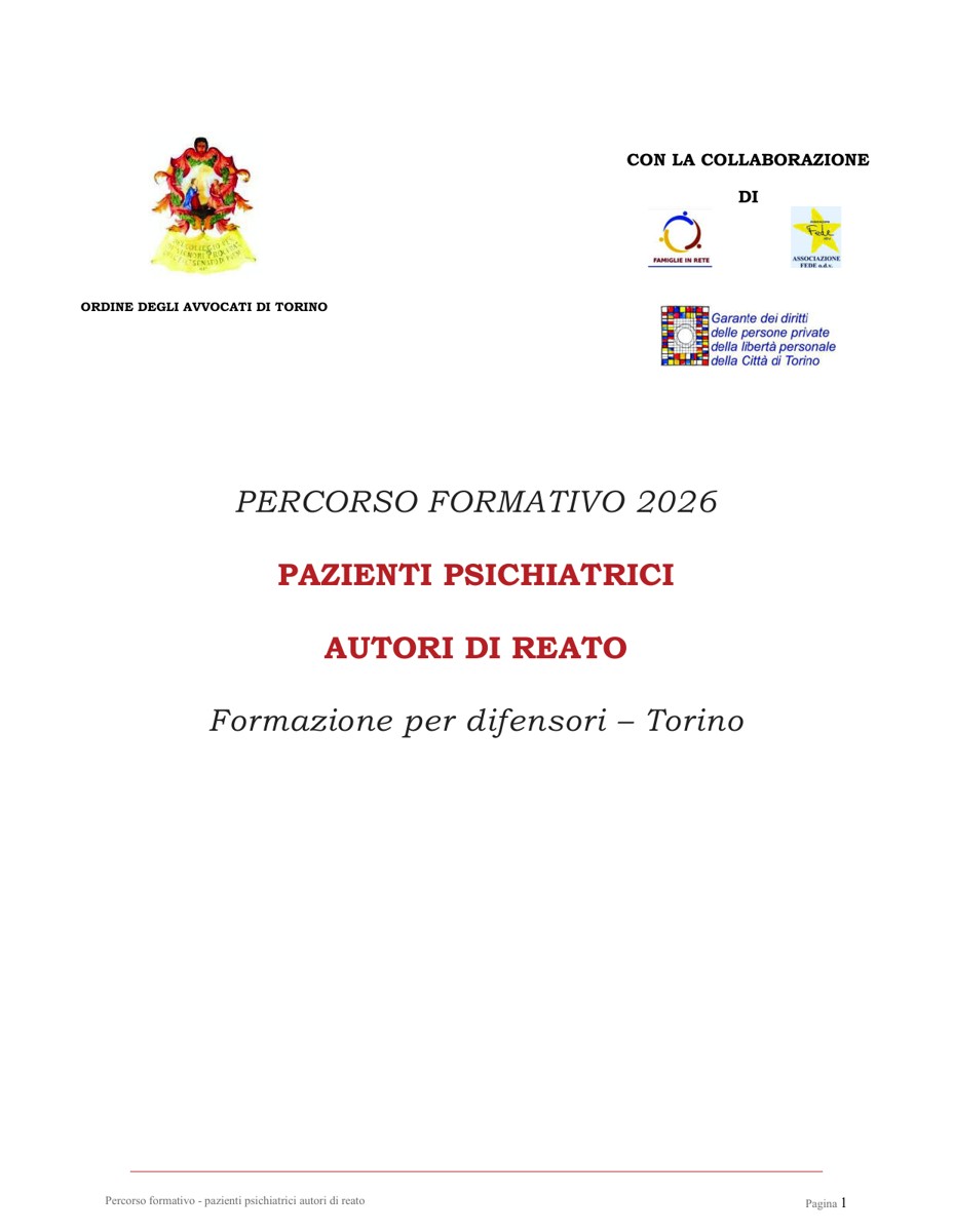 Prima pagina della locandina ufficiale: Pazienti psichiatrici autori di reato, Formazione per difensori – Torino