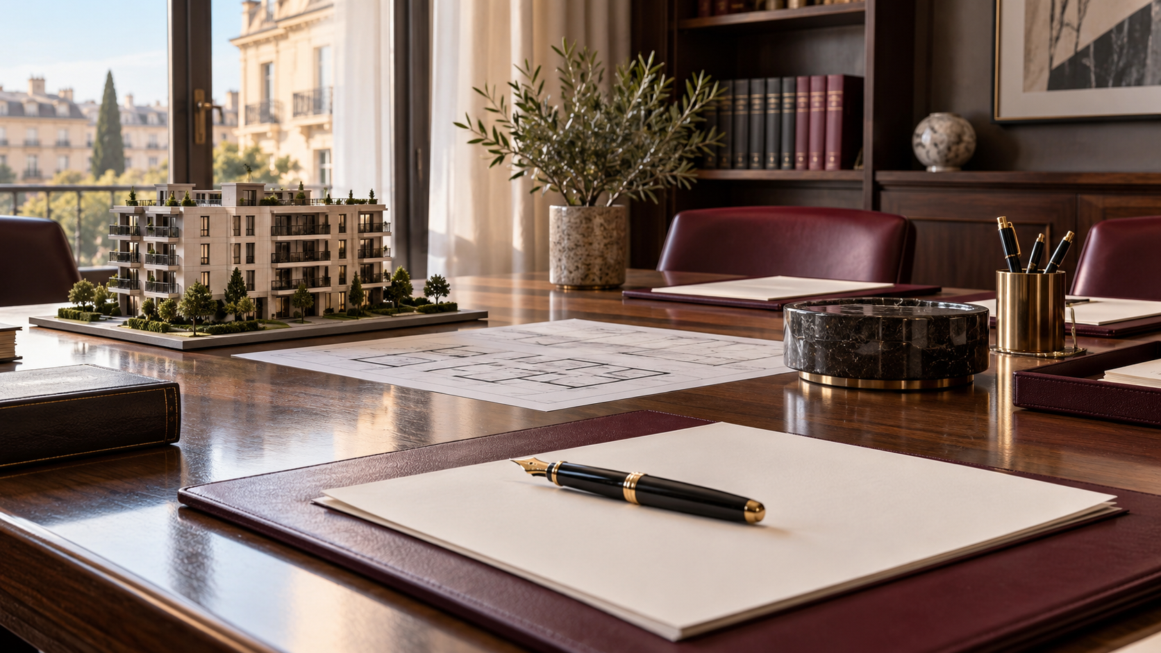 Tavolo di mediazione con documenti e modello di edificio condominiale